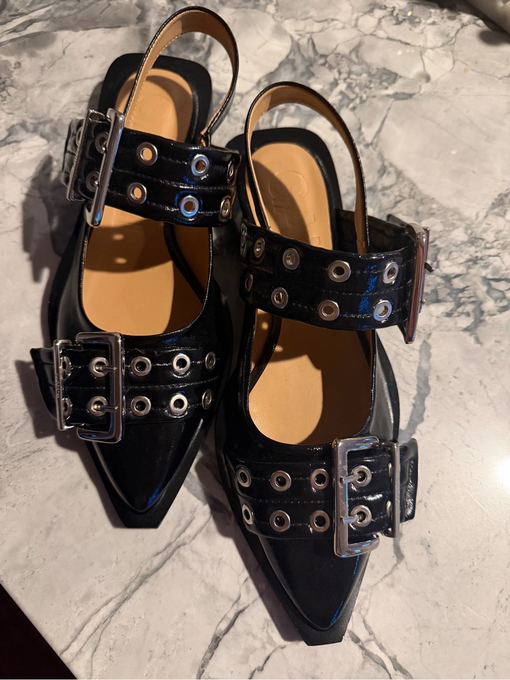 Ganni Black Patent Pointed Slingback Flats with feminine Buckle Detail size 39